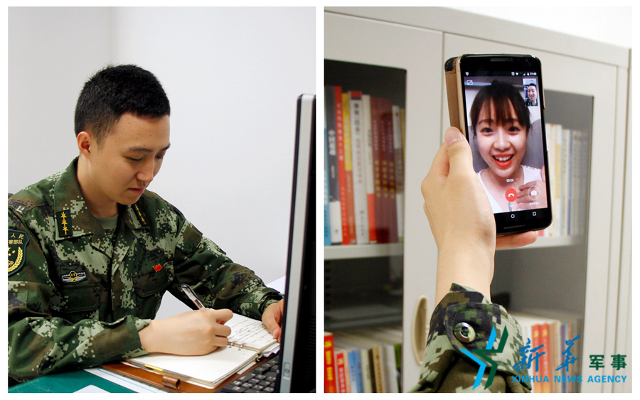 ↑陳德正，武警北京總隊七支隊某中隊指導員。七夕前夜堅守在值班崗位上的他，在結(jié)束值班后給妻子打了個視頻電話，通過網(wǎng)絡(luò)表達著對妻子的愛意。閆星辰 攝