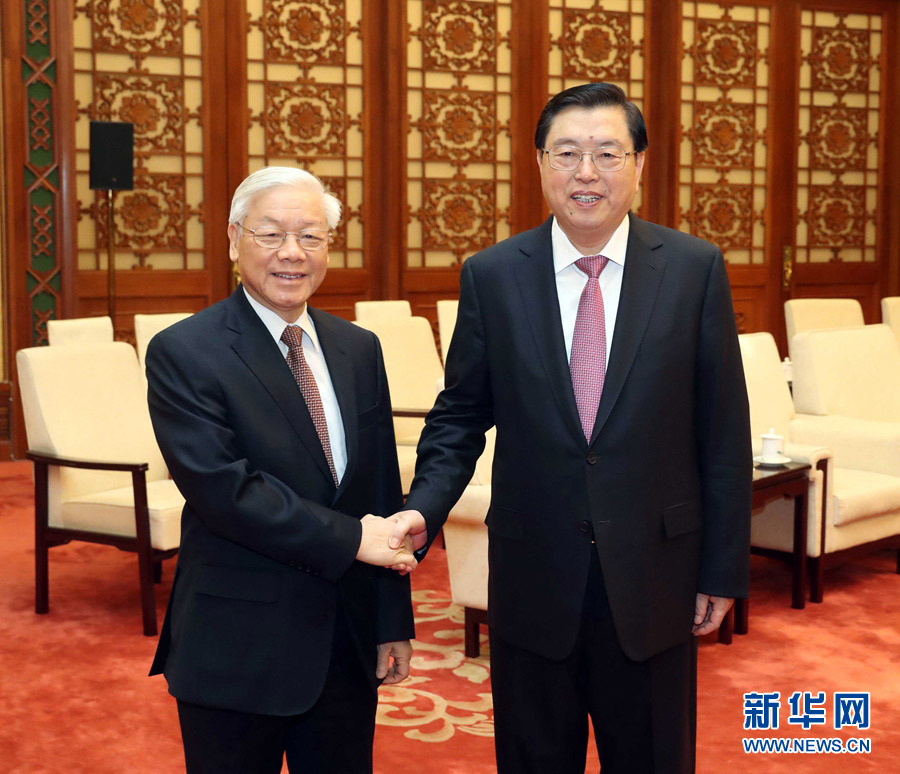 1月13日，中共中央政治局常委、全國人大常委會委員長張德江在北京人民大會堂會見越共中央總書記阮富仲。 新華社記者 劉衛兵 攝