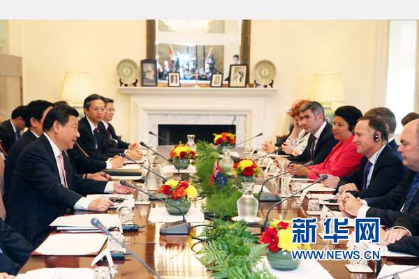 11月20日，中國國家主席習(xí)近平在惠靈頓同新西蘭總理約翰·基舉行會談。 新華社記者 馬占成 攝
