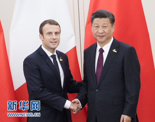 7月8日，國家主席習近平在漢堡會見法國總統馬克龍。新華社記者 李學仁 攝